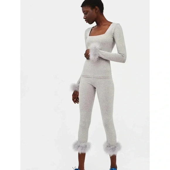 New The Sleeper The Weekender Chic Set Feather Pajamas Top Bottoms 2 Piece Gray - Picture 12 of 16